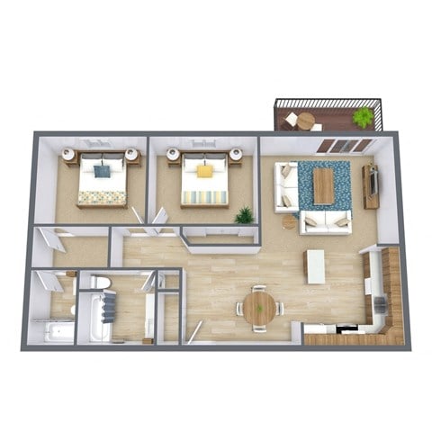 Floor plan for 2 beds, 2 baths, 970 sqft