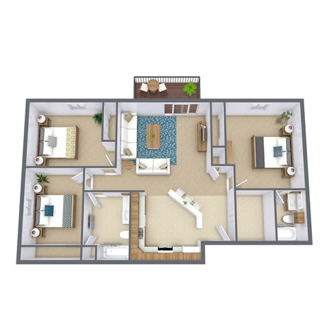 Floor plan for 3 beds, 2 baths, 1200 sqft