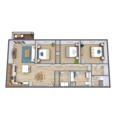 Floor plan for 3 beds, 2 baths, 1250 sqft