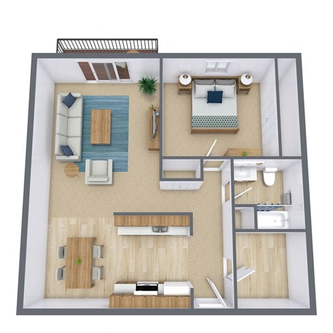 Floor plan for 1 bed, 1 bath, 940 sqft