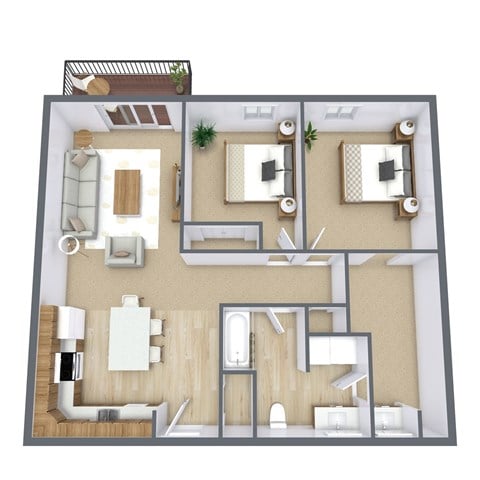 Floor plan for 2 beds, 1 bath, 866 sqft