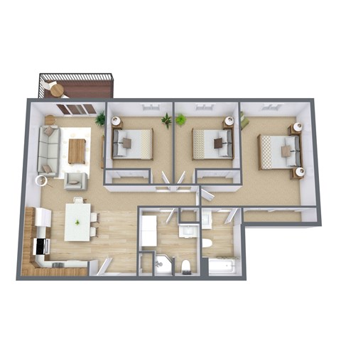 Floor plan for 3 beds, 1.8 baths, 1144 sqft