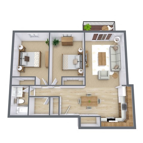 Floor plan for 2 beds, 1 bath, 868 sqft