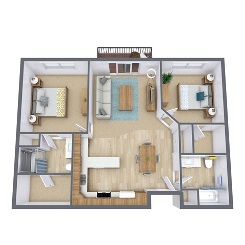 Floor plan for 2 beds, 2 baths, 999 sqft