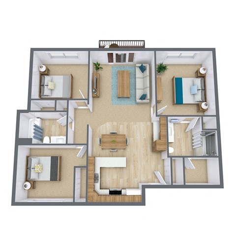 Floor plan for 3 beds, 2 baths, 1103 sqft