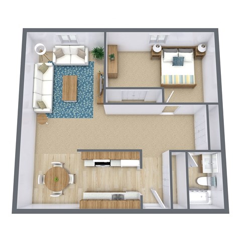 Floor plan for 1 bed, 1 bath, 655 sqft
