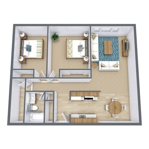 Floor plan for 2 beds, 1 bath, 875 sqft
