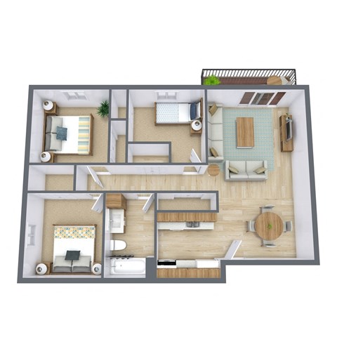 Floor plan for 3 beds, 1 bath, 1044 sqft