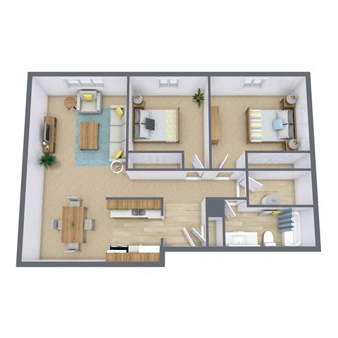 Floor plan for 2 beds, 1 bath, 885 sqft