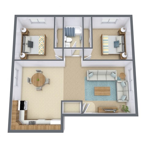 Floor plan for 2 beds, 1 bath, 925 sqft