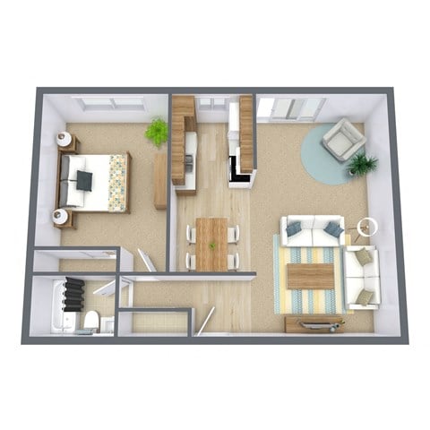 Floor plan for 1 bed, 1 bath, 740 sqft