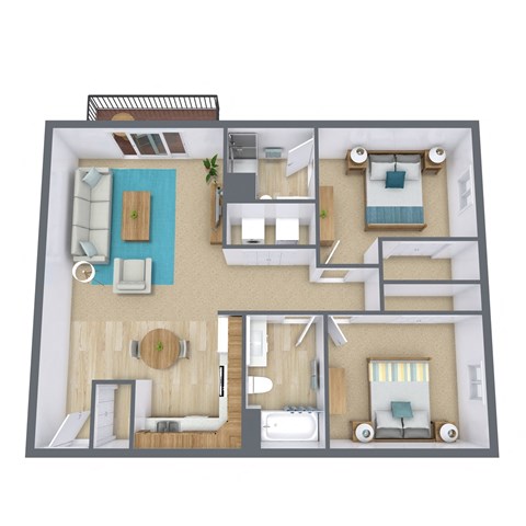 Floor plan for 2 beds, 2 baths, 955 sqft