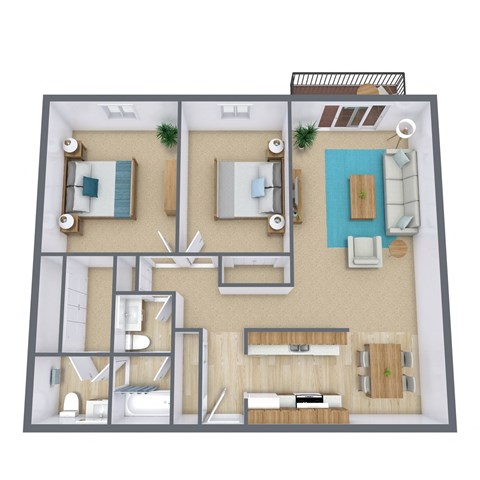 Floor plan for 2 beds, 1.5 baths, 1004 sqft