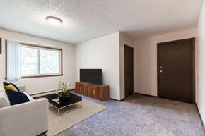 Bismarck apartment for rent - an empty living room with a couch and a television. Bismarck, ND Hannifin Apartments