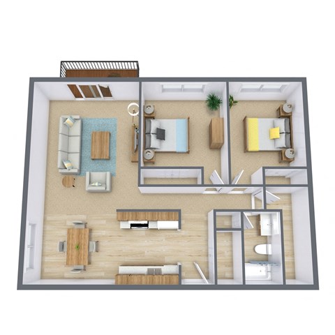 Floor plan for 2 beds, 1 bath, 912 sqft