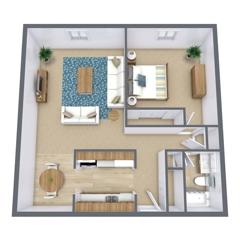 Floor plan for 1 bed, 1 bath, 790 sqft