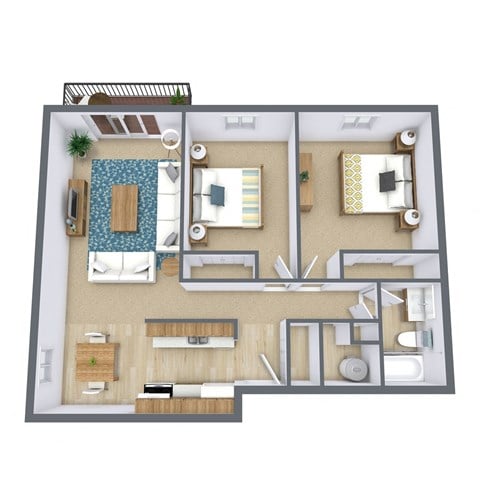 Floor plan for 2 beds, 1 bath, 846 sqft