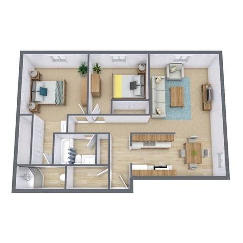 Floor plan for 2 beds, 1.8 baths, 864 sqft