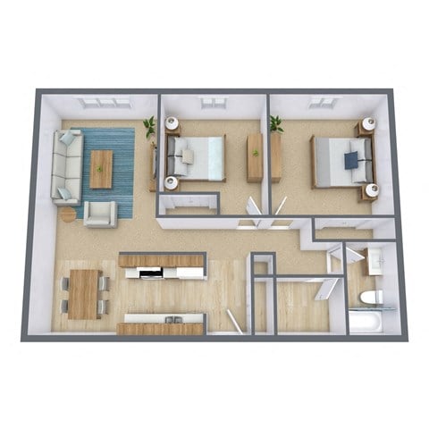 Floor plan for 2 beds, 1 bath, 910 sqft