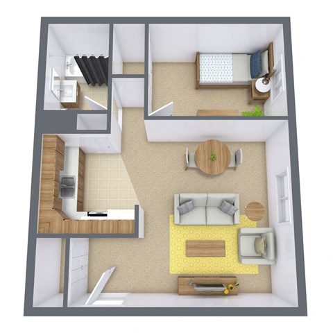 Floor plan for 1 bed, 1 bath, 500 sqft