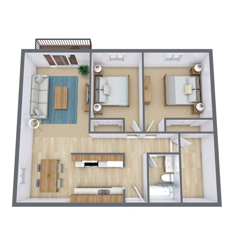 Floor plan for 2 beds, 1 bath, 875 sqft