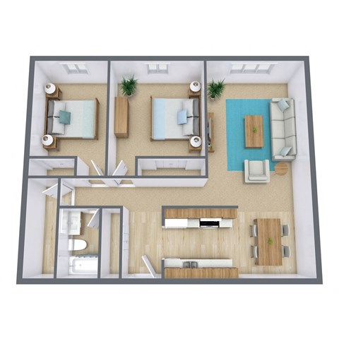 Floor plan for 2 beds, 1 bath, 875 sqft