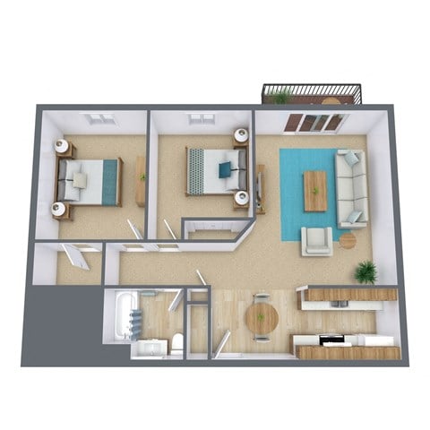 Floor plan for 2 beds, 1 bath, 854 sqft