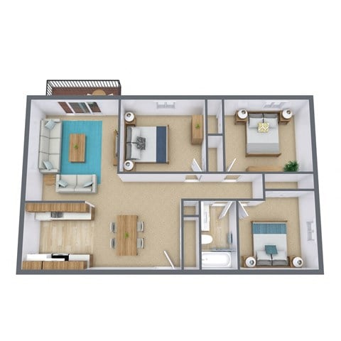 Floor plan for 3 beds, 1 bath, 1060 sqft