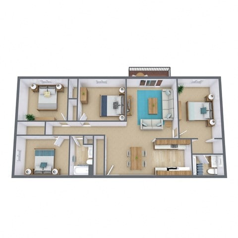 Floor plan for 4 beds, 2 baths, 1250 sqft