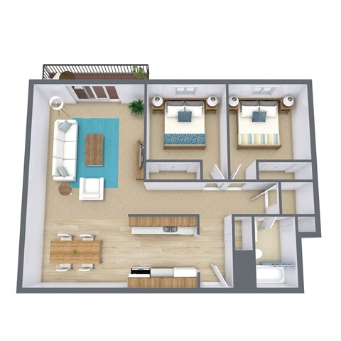 Floor plan for 2 beds, 1 bath, 875 sqft