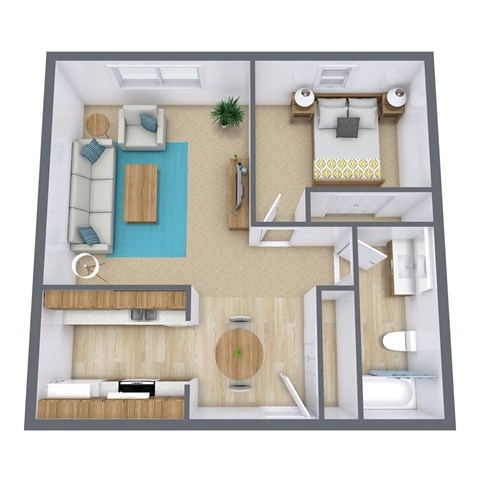 Floor plan for 1 bed, 1 bath, 750 sqft