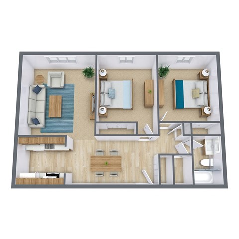Floor plan for 2 beds, 1 bath, 900 sqft