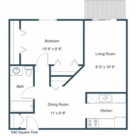 Floor plan for 1 bed, 1 bath, 640 sqft
