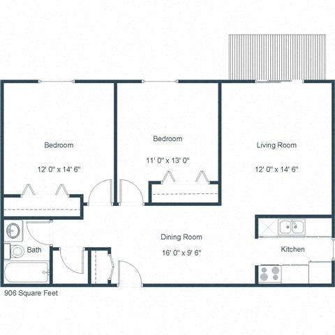 Floor plan for 2 beds, 1 bath, 906 sqft