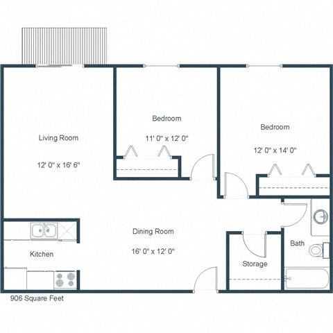 Floor plan for 2 beds, 1 bath, 906 sqft