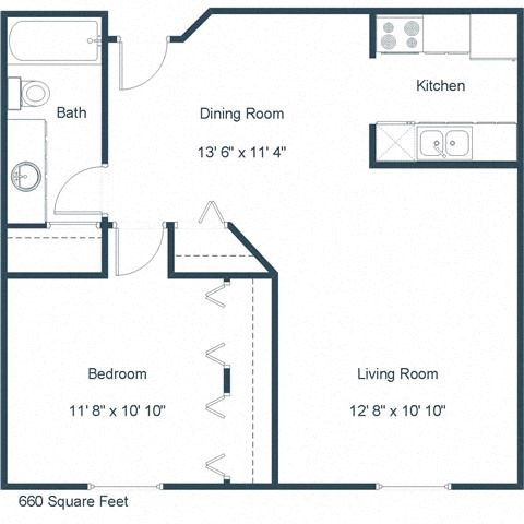 Floor plan for 1 bed, 1 bath, 660 sqft