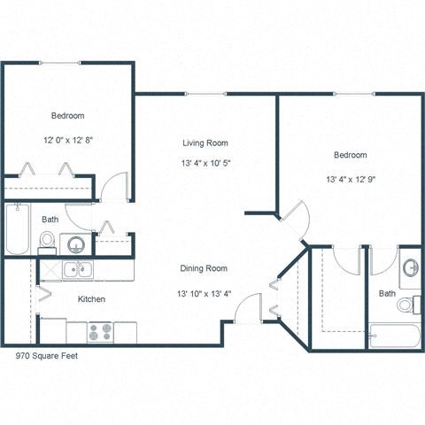 Floor plan for 2 beds, 2 baths, 970 sqft