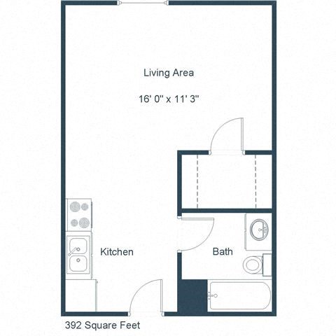Floor plan for studio, 1 bath, 392 sqft