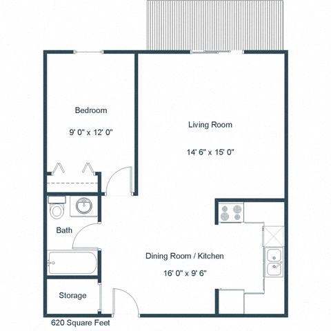 Floor plan for 1 bed, 1 bath, 620 sqft