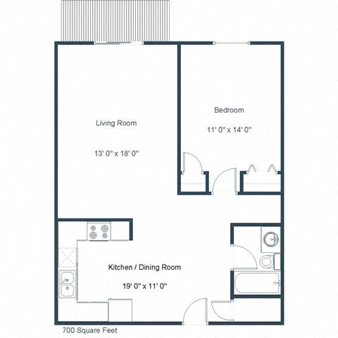 Floor plan for 1 bed, 1 bath, 700 sqft