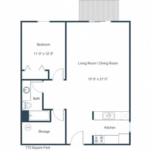 Floor plan for 1 bed, 1 bath, 770 sqft