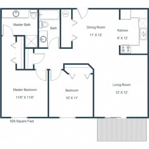 Floor plan for 2 beds, 2 baths, 926 sqft