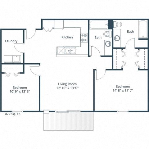Floor plan for 2 beds, 2 baths, 1072 sqft