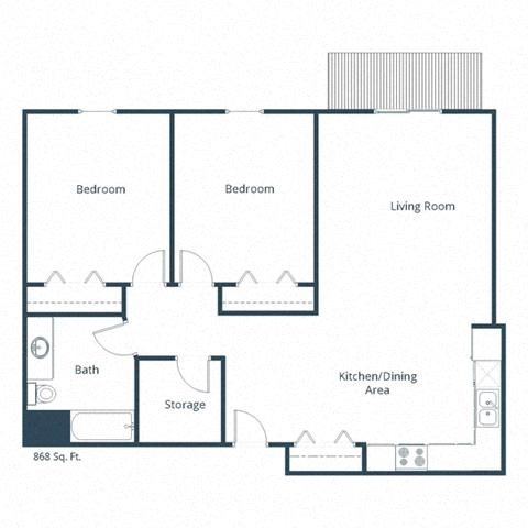Floor plan for 2 beds, 1 bath, 868 sqft