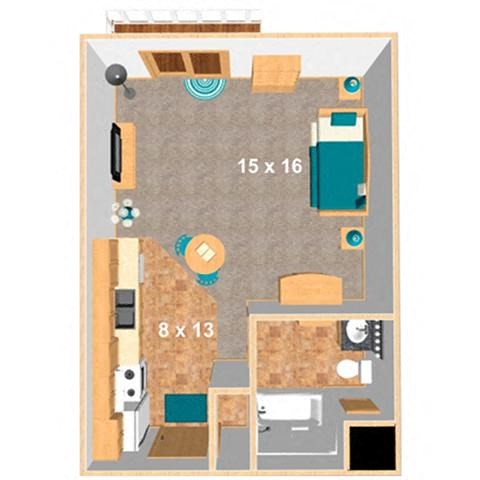 Floor plan for studio, 1 bath, 525 sqft