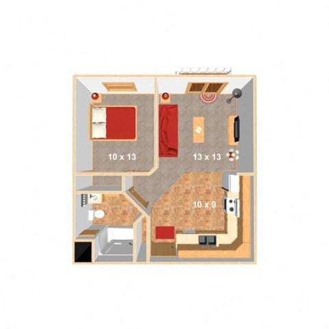 Floor plan for 1 bed, 1 bath, 605 sqft