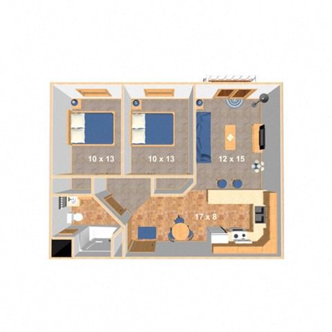 Floor plan for 2 beds, 1 bath, 817 sqft