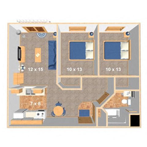 Floor plan for 2 beds, 1 bath, 812 sqft