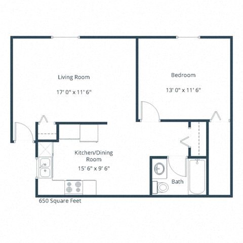 Floor plan for 1 bed, 1 bath, 650 sqft