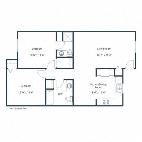 Floor plan for 2 beds, 2 baths, 913 sqft
